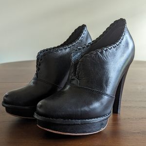 UGG Jamison Black Leather Chunky Heels Ankle Boots Shearling Lined Shoes US 5
